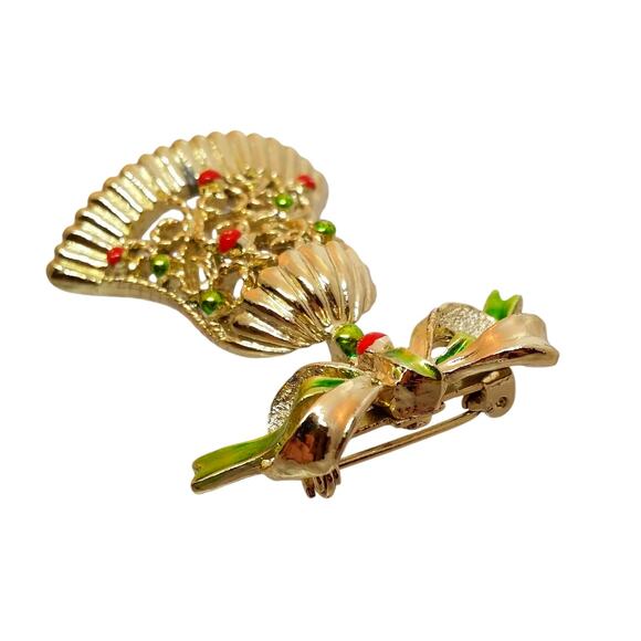 Gerry's Christmas Bell Brooch Gold Red Green Enamel Holiday Pin Vintage 1970s - Picture 5 of 6